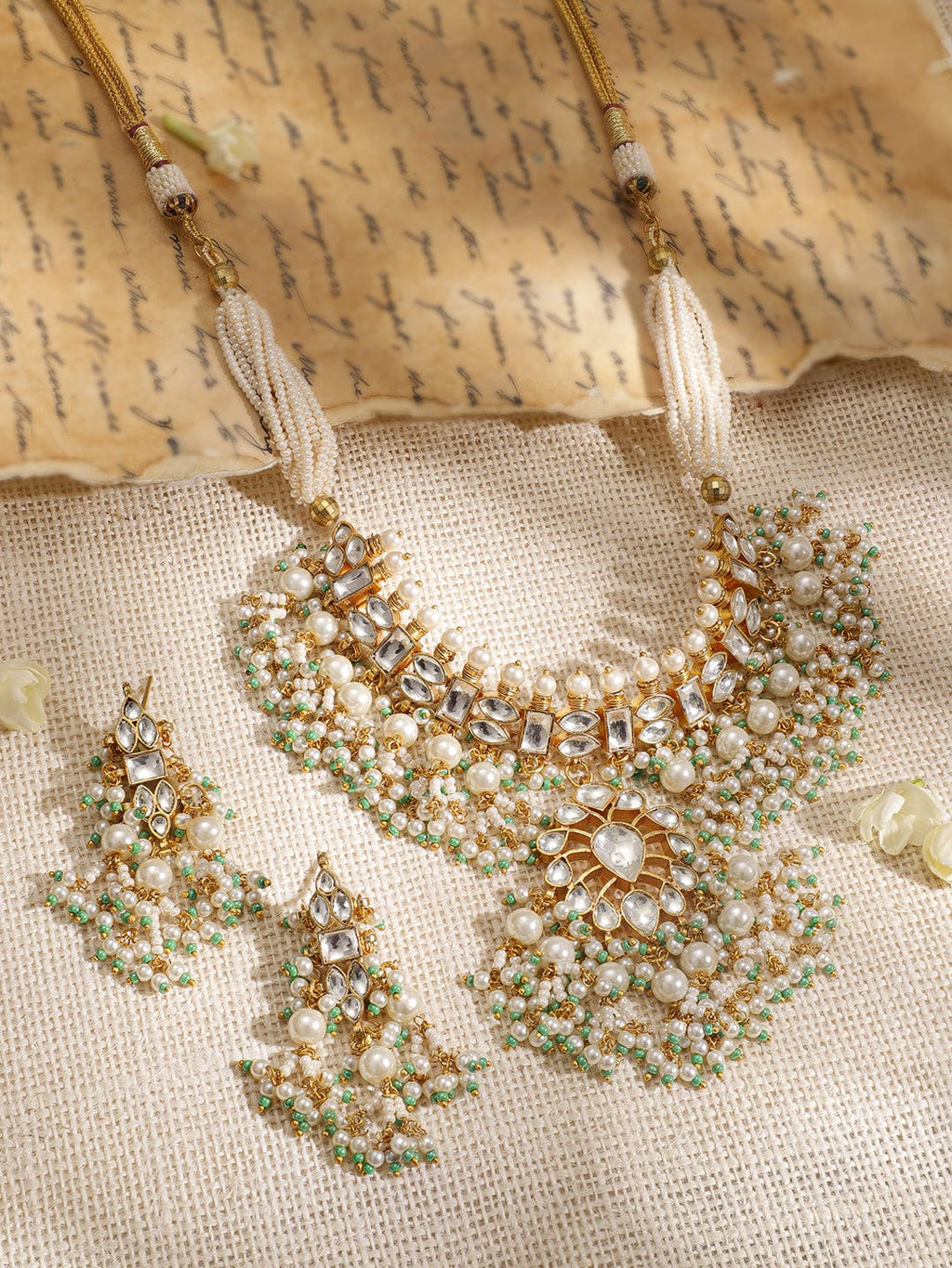 Gold-Plated Stones-Studded Pearl-Beaded Jewellery Set