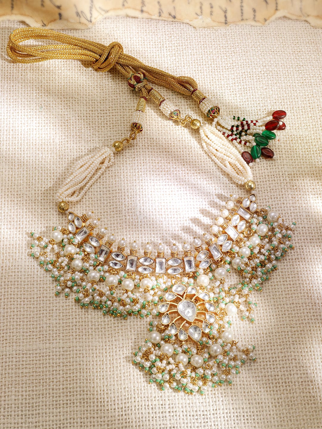 Gold-Plated Stones-Studded Pearl-Beaded Jewellery Set