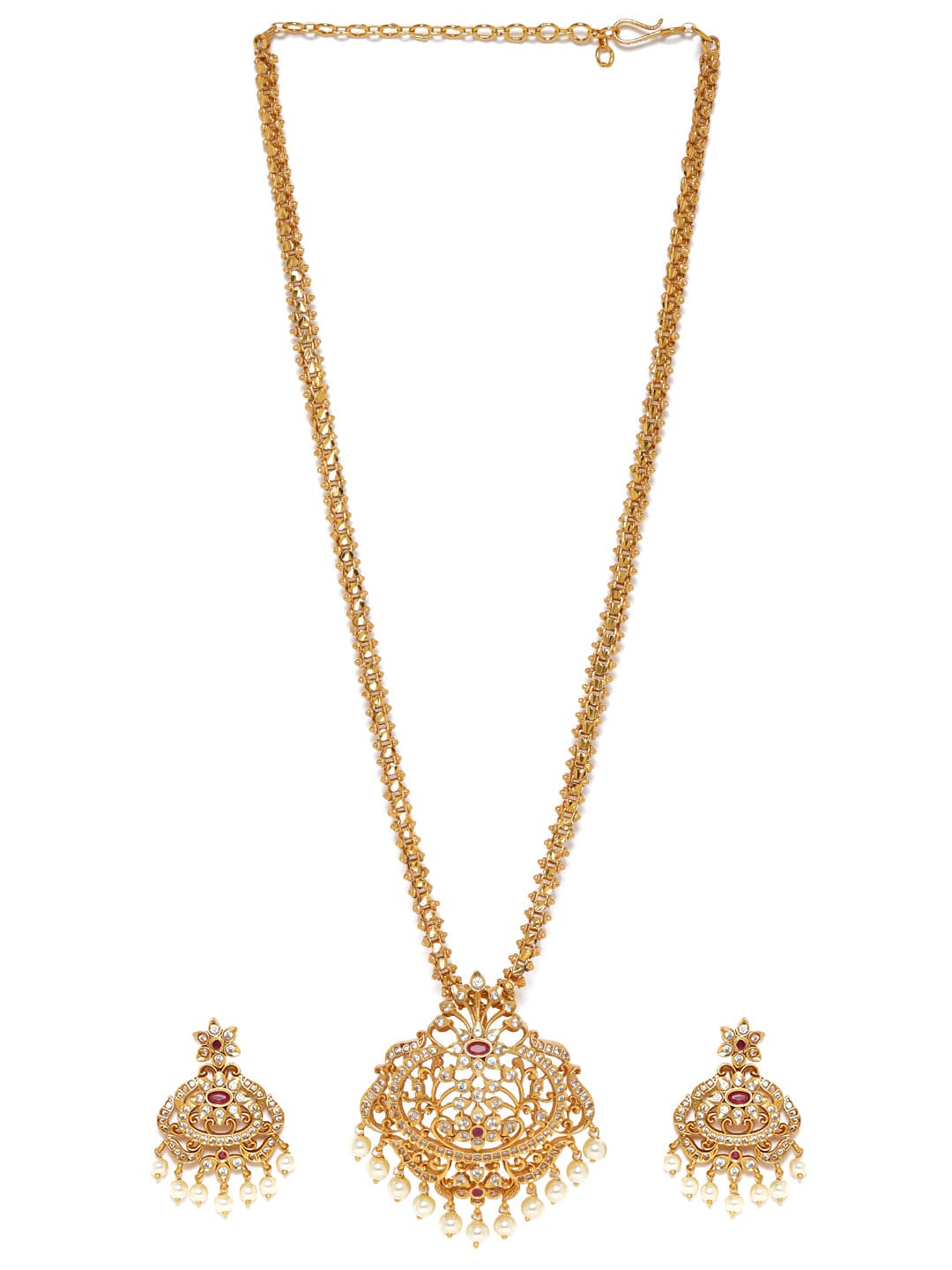 Gold plated Zirconia studded pearl beaded Long necklace set