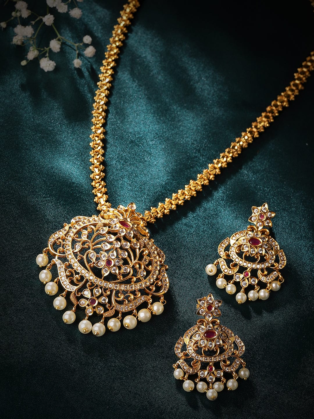 Gold plated Zirconia studded pearl beaded Long necklace set