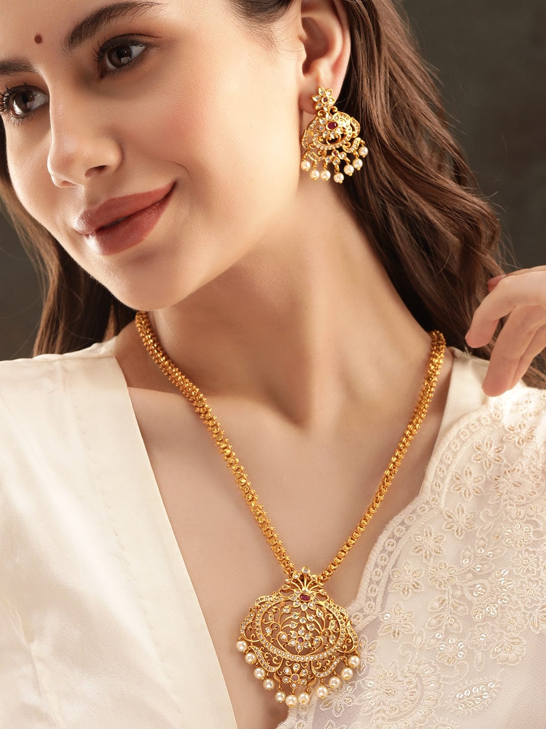 Gold plated Zirconia studded pearl beaded Long necklace set