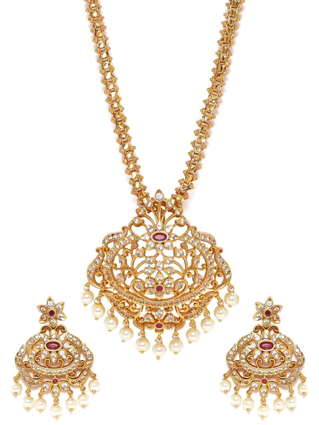 Gold plated Zirconia studded pearl beaded Long necklace set