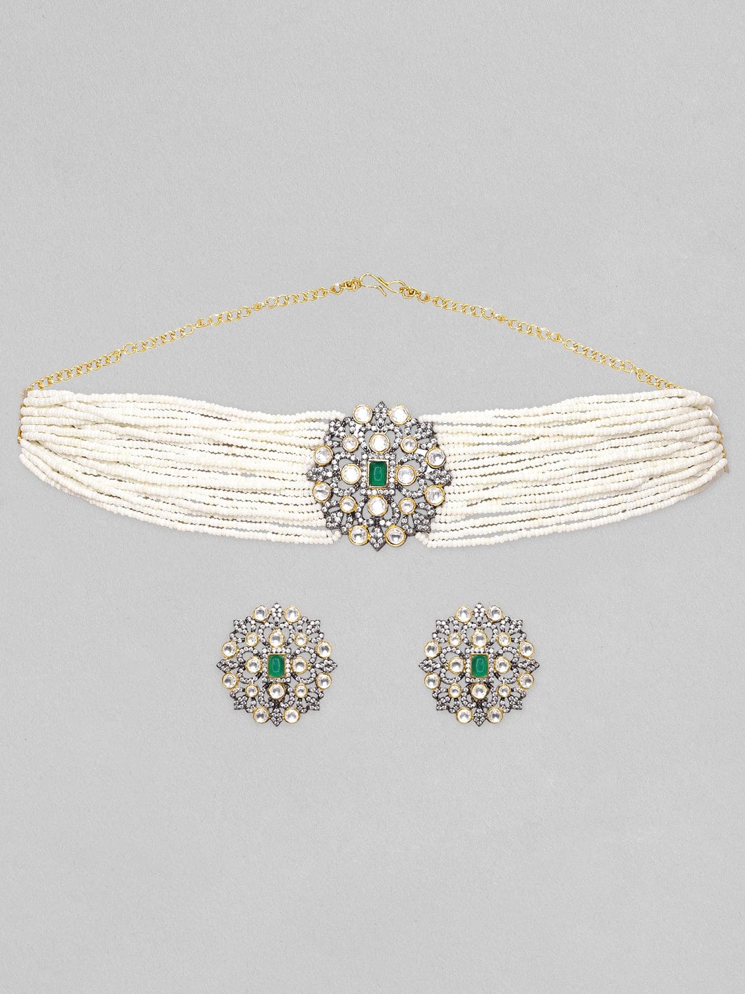 Black Gold Plated Polki Zirconia & Pearl Beaded Choker Set