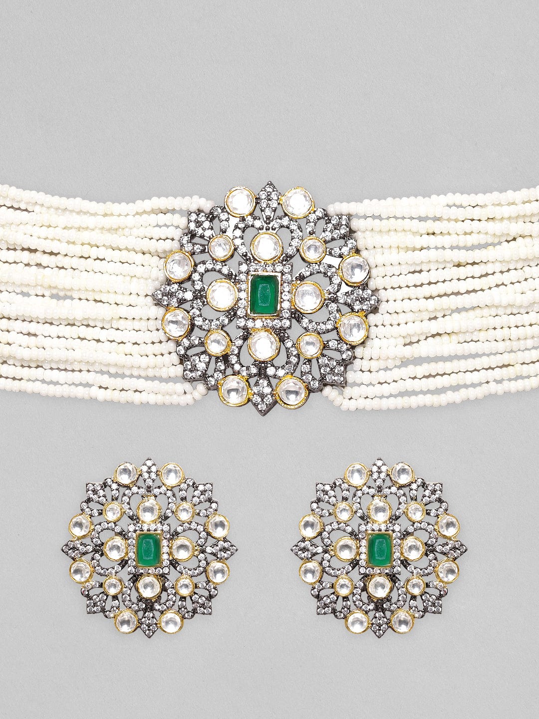 Black Gold Plated Polki Zirconia & Pearl Beaded Choker Set