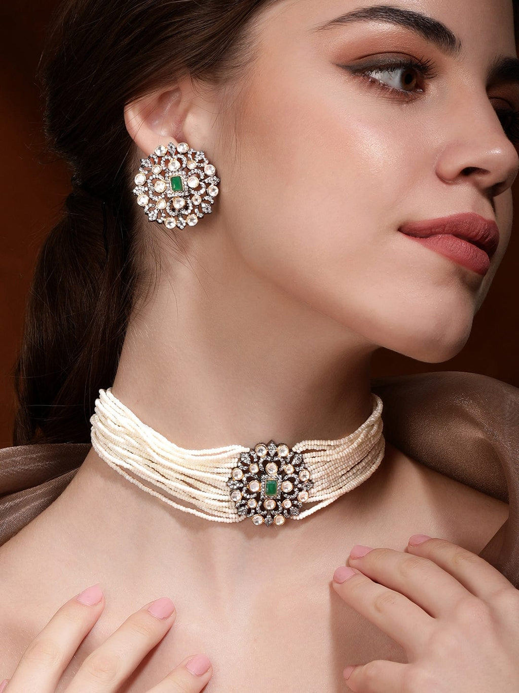 Black Gold Plated Polki Zirconia & Pearl Beaded Choker Set