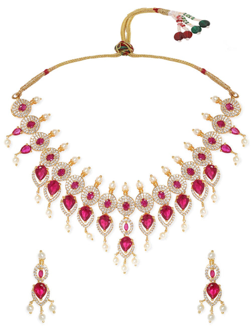 Blushing Elegance White Beaded Pink Stone AD Necklace Set