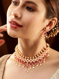 Blushing Elegance White Beaded Pink Stone AD Necklace Set