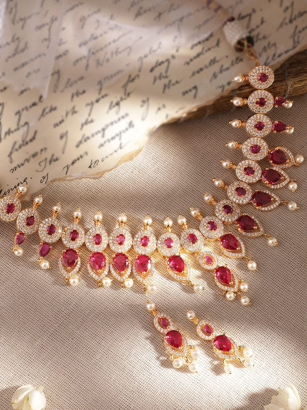 Blushing Elegance White Beaded Pink Stone AD Necklace Set
