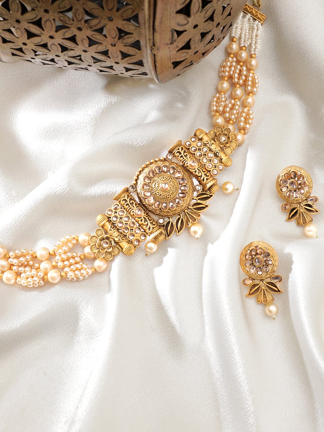 Gold Pendant, White Pearls, and Beaded Chain Choker Set