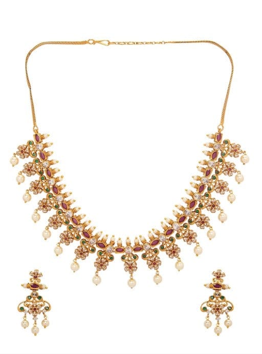 Gold Plated CZ Studded Floral Temple Jewellery Set