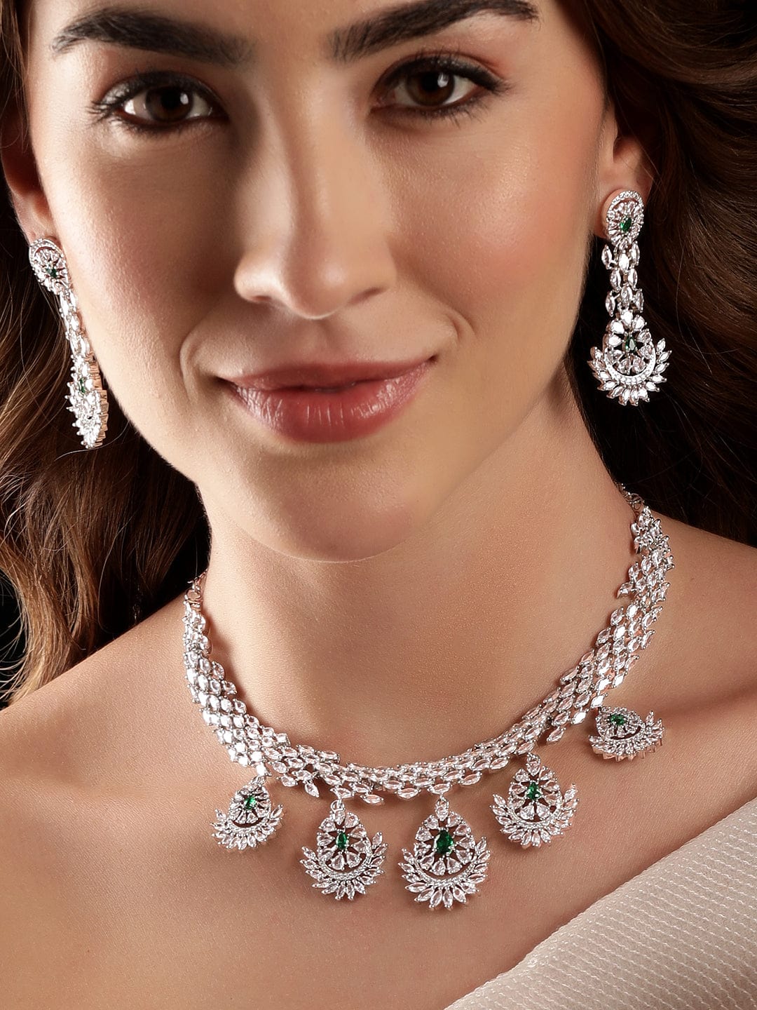 Rhodium-Plated CZ Stone- Studded Necklace Earrings