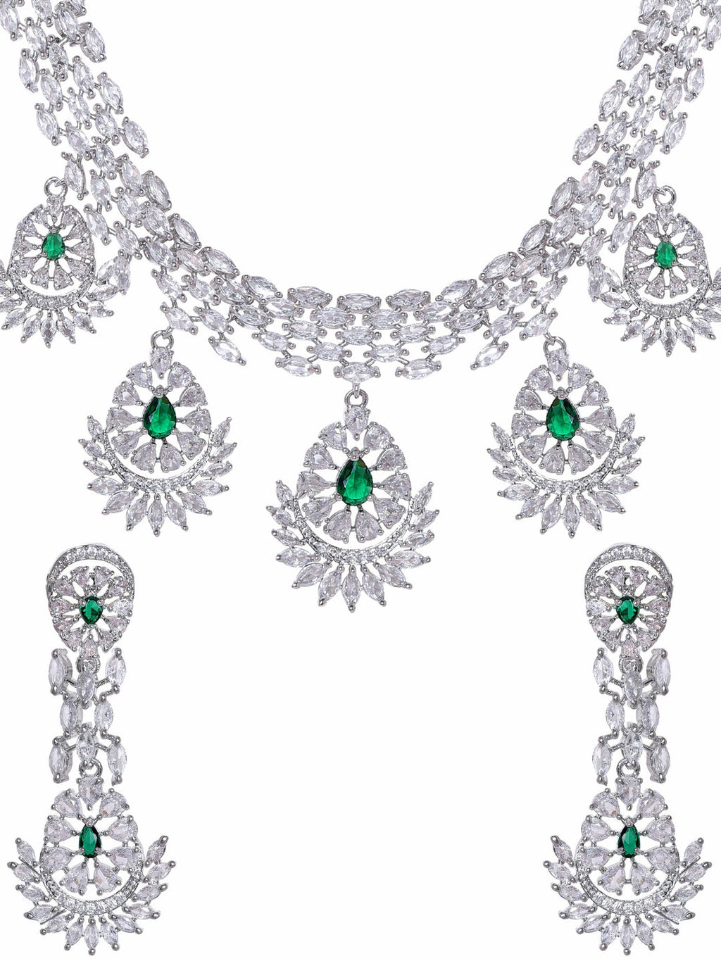 Rhodium-Plated CZ Stone- Studded Necklace Earrings