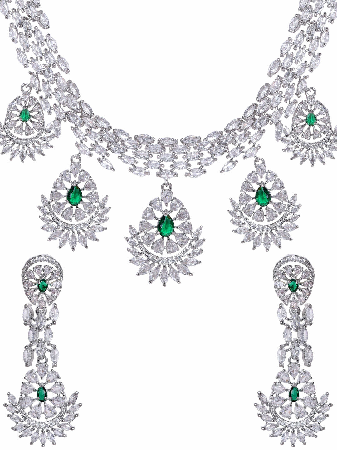 Rhodium-Plated CZ Stone- Studded Necklace Earrings