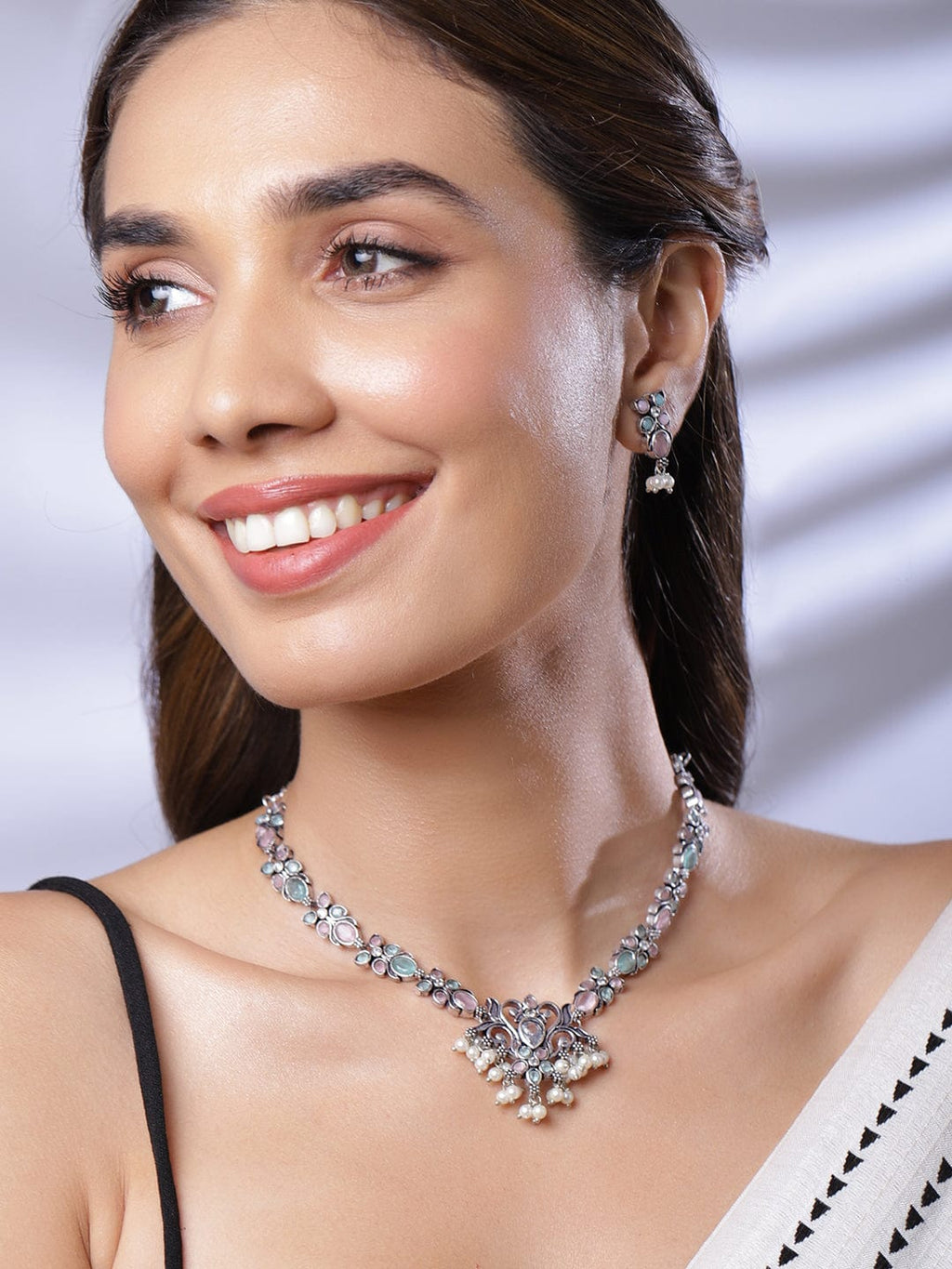 Rhodium Plated Floral Stones Studded Jewellery Set