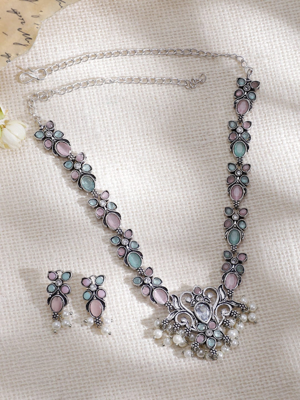 Rhodium Plated Floral Stones Studded Jewellery Set