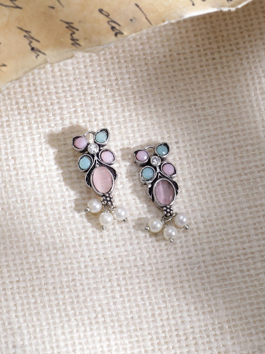 Rhodium Plated Floral Stones Studded Jewellery Set