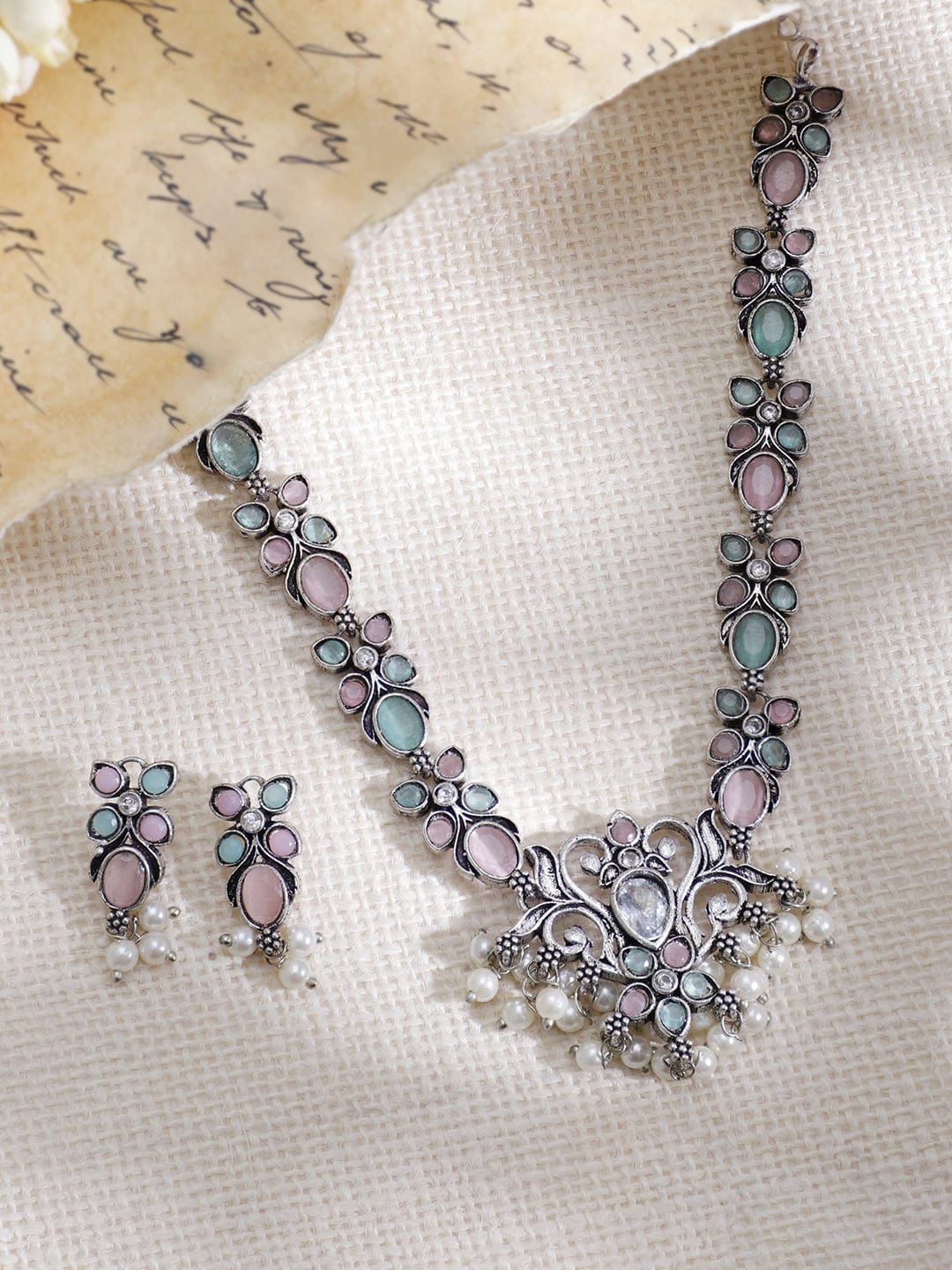 Rhodium Plated Floral Stones Studded Jewellery Set