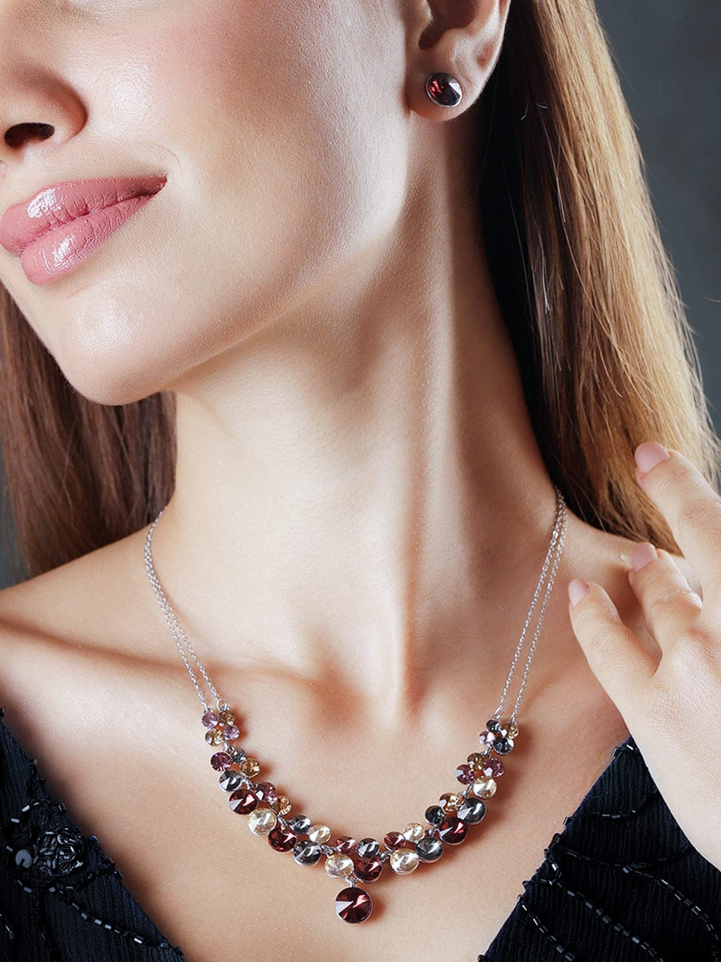 Rhodium-Plated Multihued Zirconia Embellished Flowerlet Necklace set