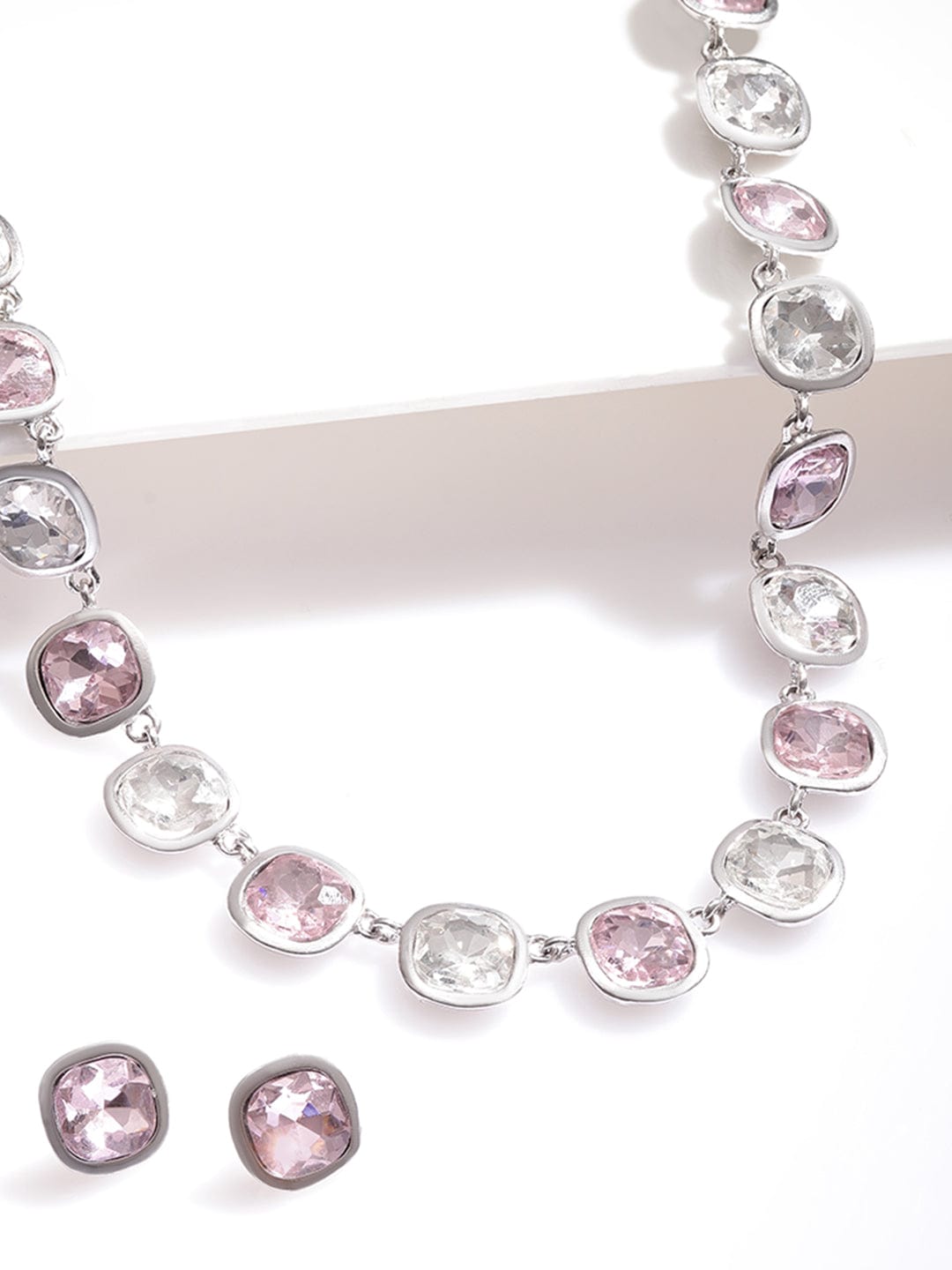 Rhodium Plated Mutli Colour Princess Cut Zirconia Studded Necklace Set