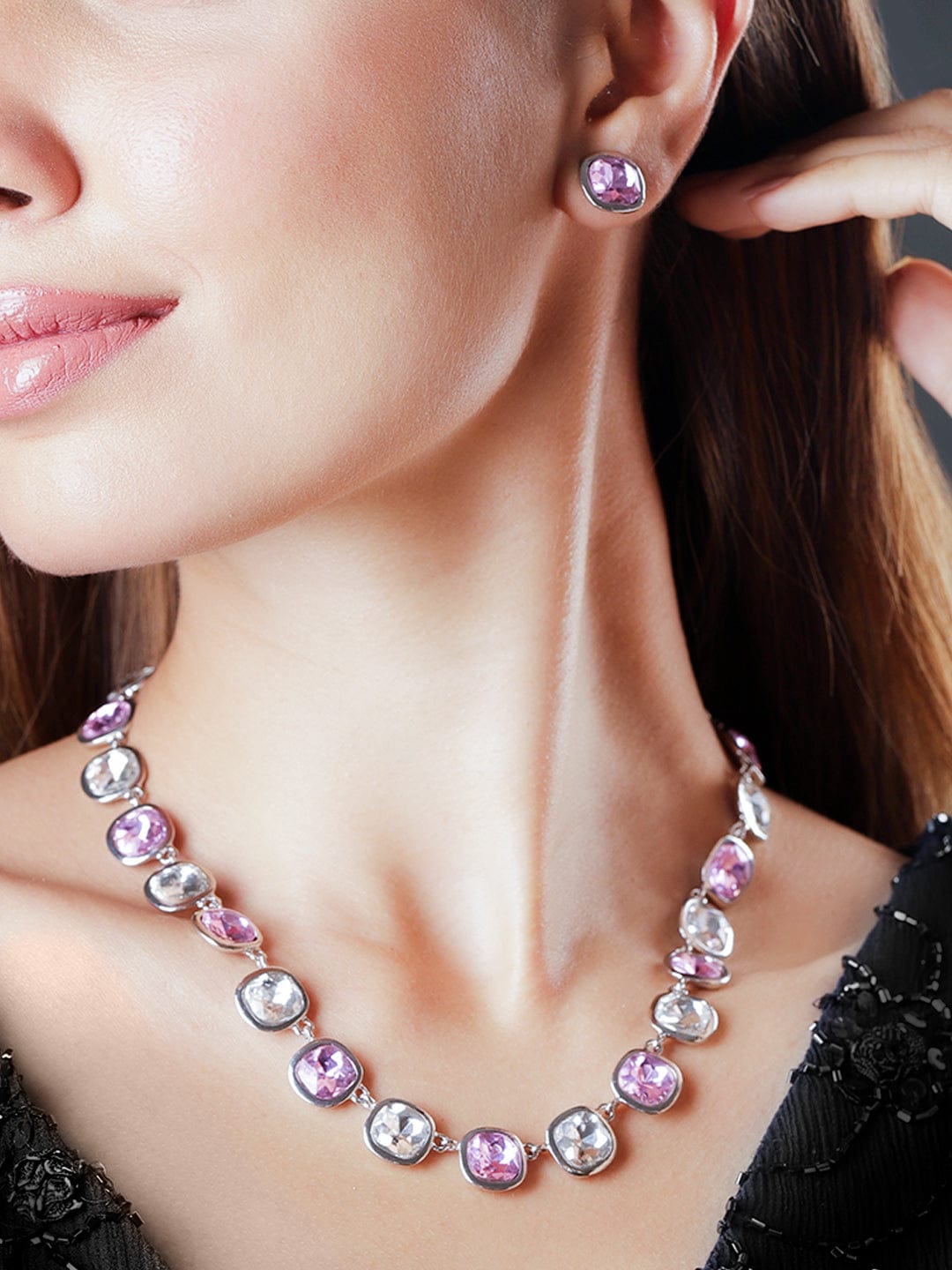 Rhodium Plated Mutli Colour Princess Cut Zirconia Studded Necklace Set