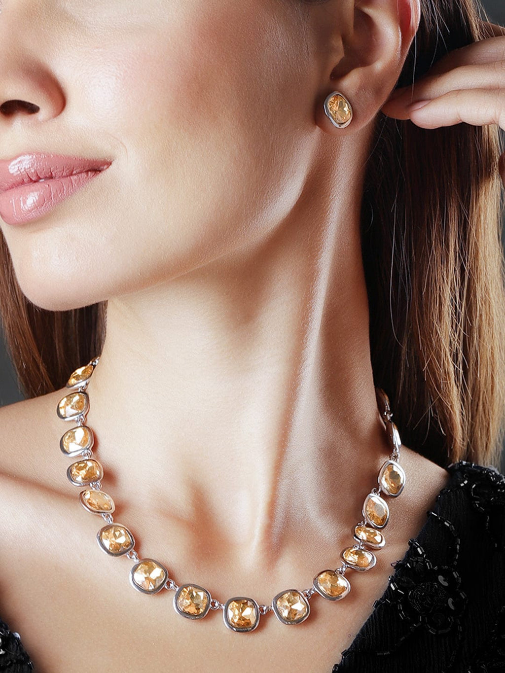 Rhodium Plated Princess Cut Yellow Sapphire Studded Necklace Set