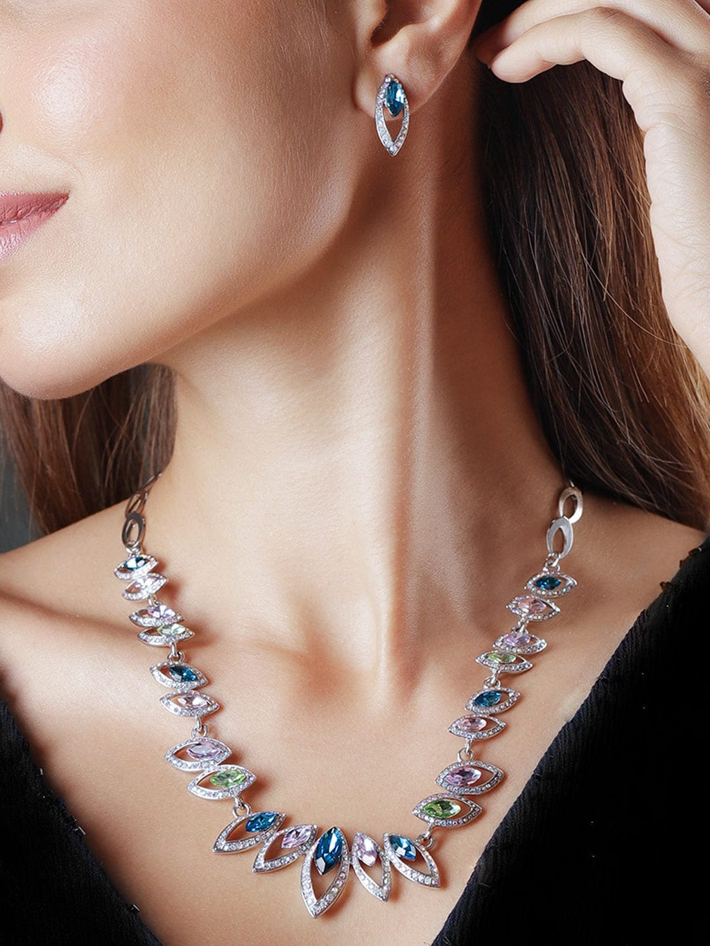 Rhodium-Plated Royal Multihued Rhinestone Embellished Queen's Necklace set