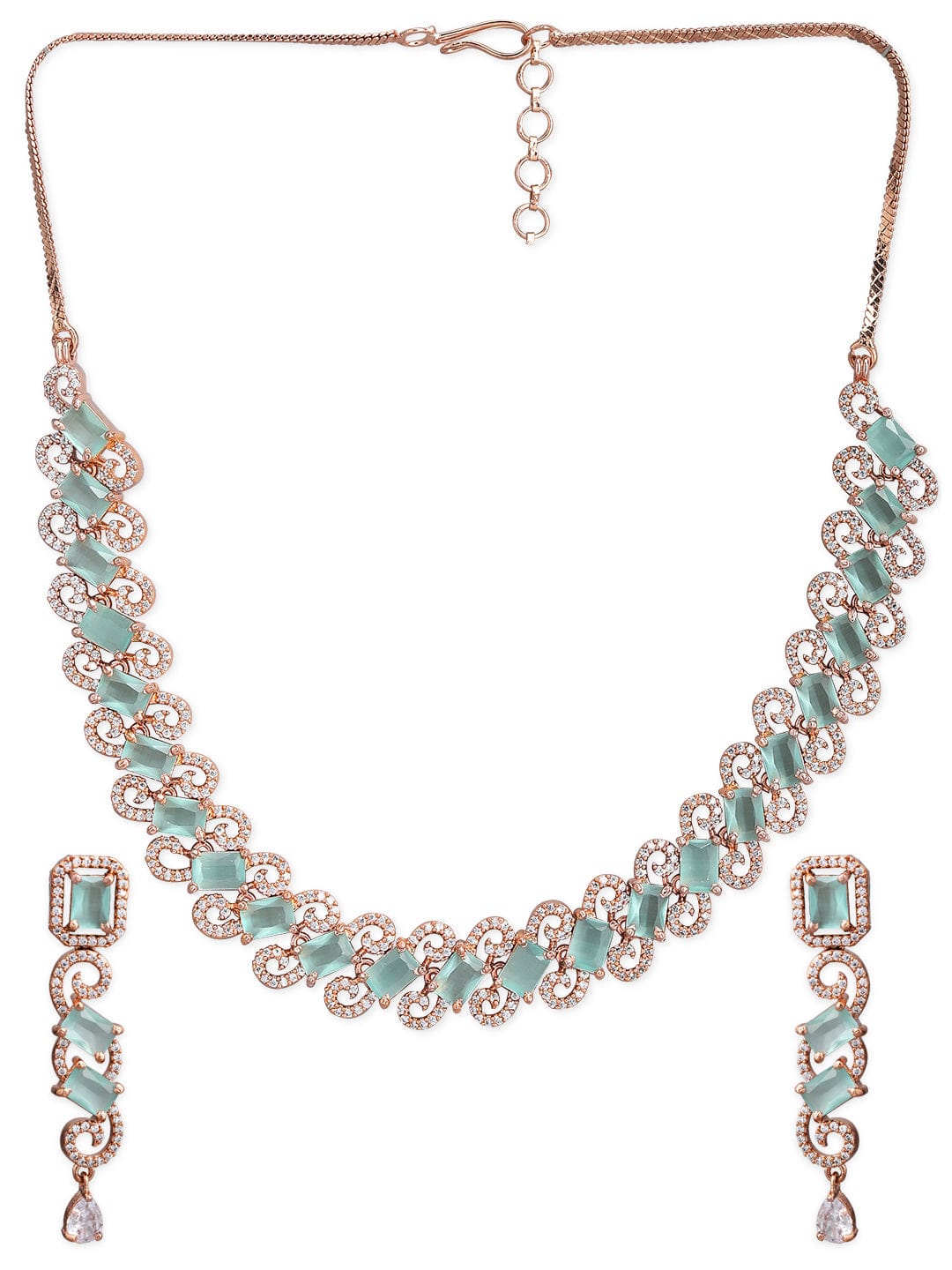 Rose Gold Plated Pastel Green Studded American Diamond Necklace Set