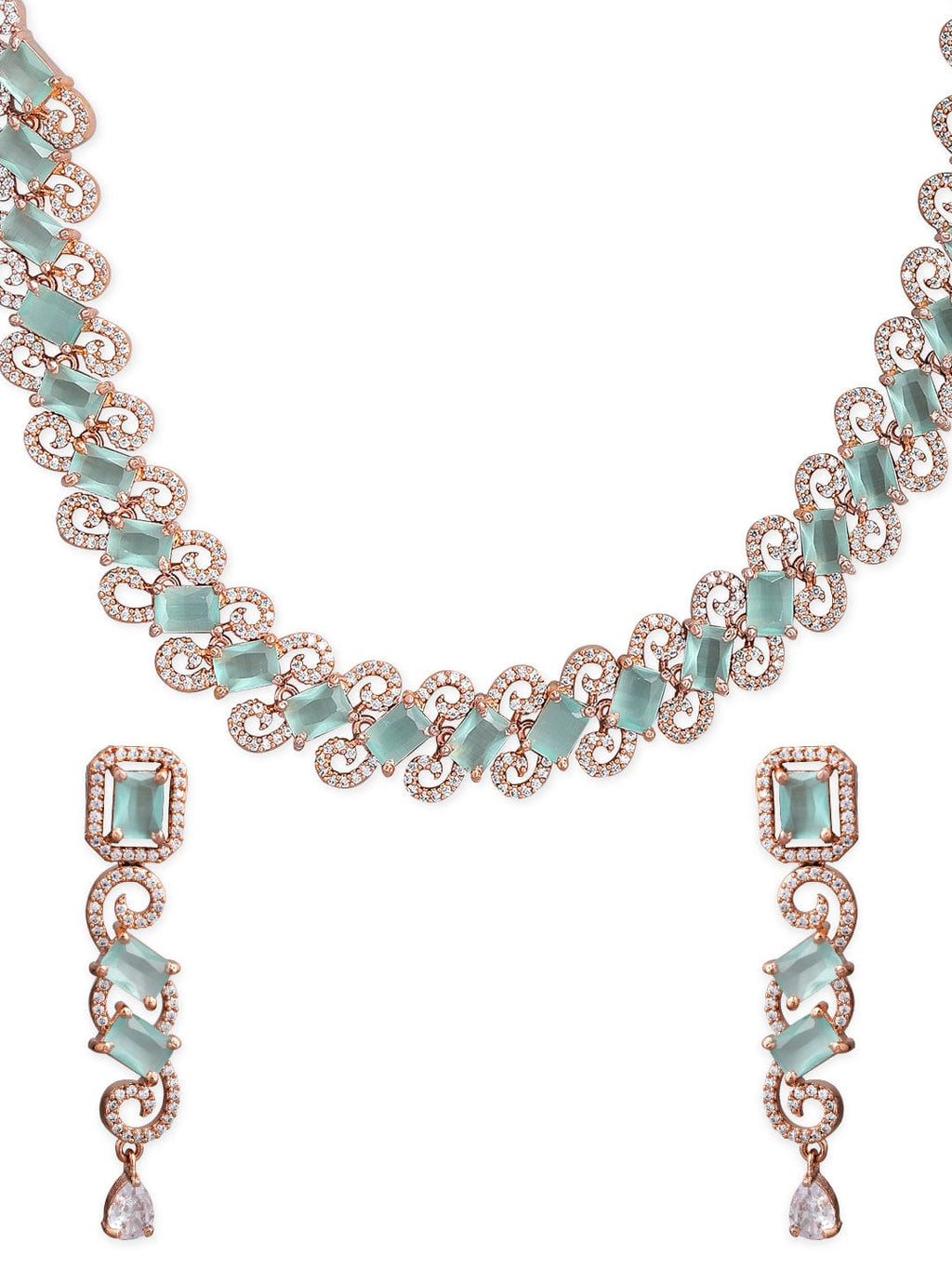 Rose Gold Plated Pastel Green Studded American Diamond Necklace Set