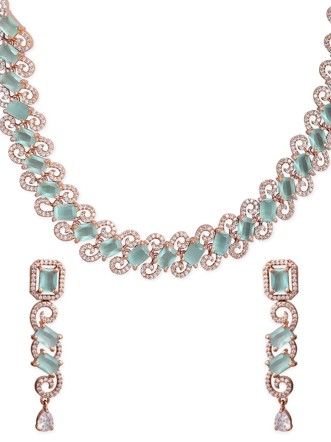 Rose Gold Plated Pastel Green Studded American Diamond Necklace Set