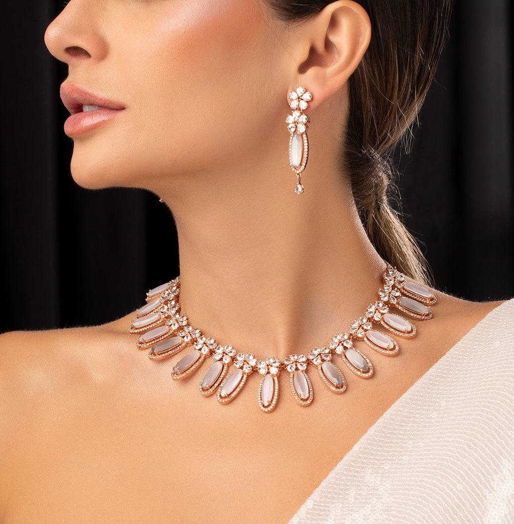 Rose Gold Plated White Beads American Diamond Necklace Set