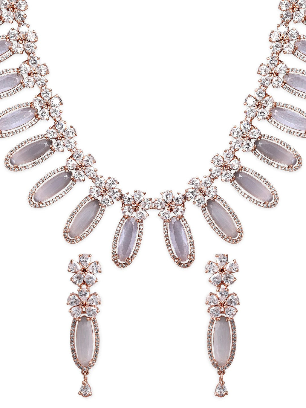 Rose Gold Plated White Beads American Diamond Necklace Set