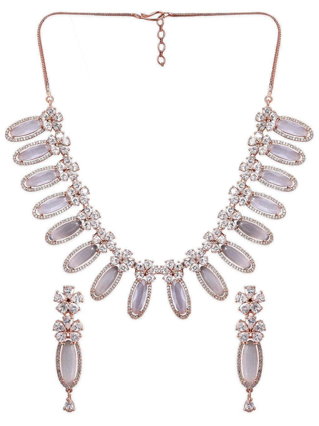 Rose Gold Plated White Beads American Diamond Necklace Set