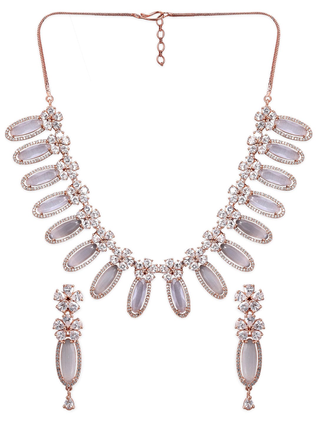 Rose Gold Plated White Beads American Diamond Necklace Set