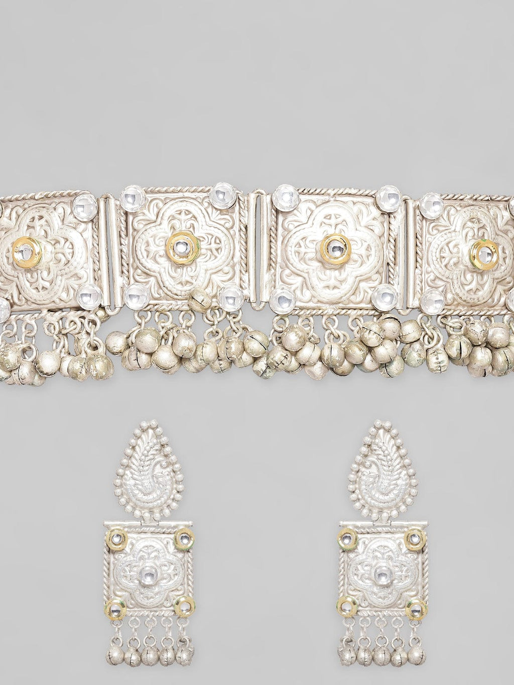 Silver Oxidised Choker Set With Floral Design Carved.+