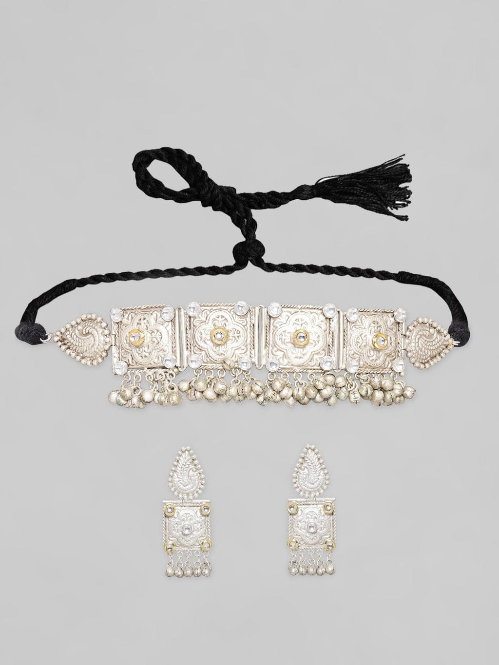 Silver Oxidised Choker Set With Floral Design Carved.+