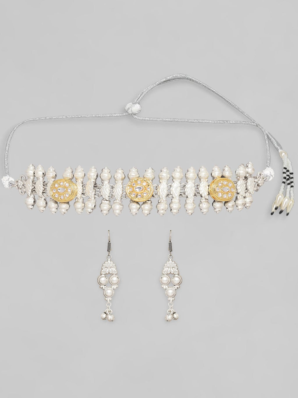 Silver Oxidised Necklace Set With Gold Toned Studded Kundan