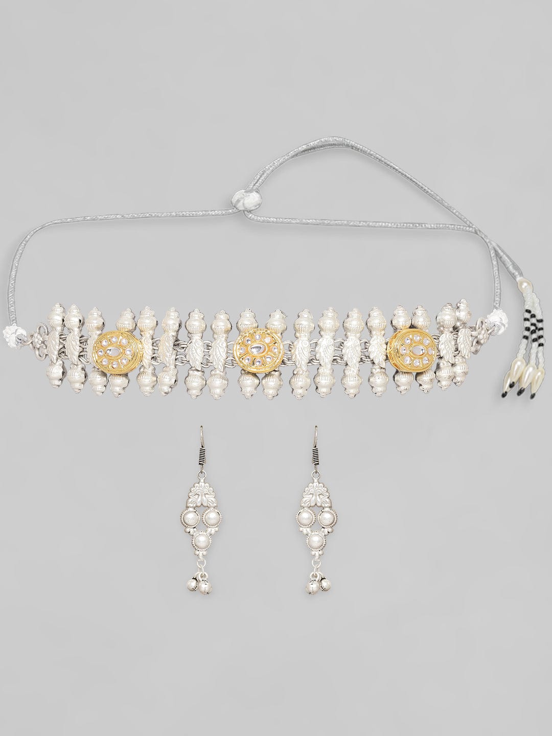 Silver Oxidised Necklace Set With Gold Toned Studded Kundan