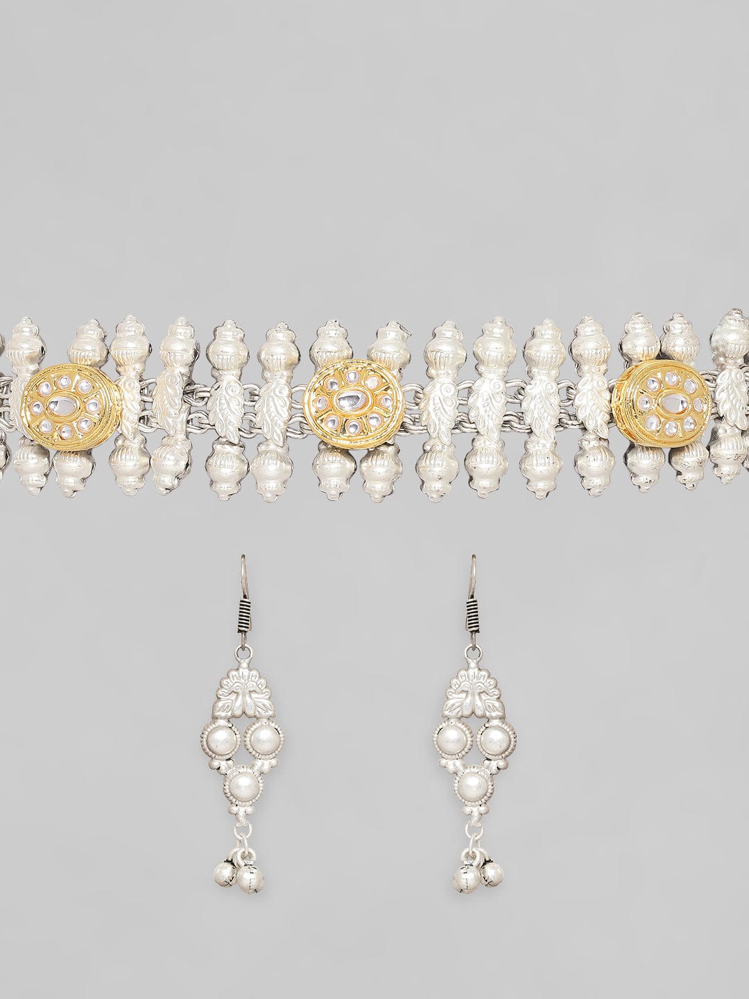 Silver Oxidised Necklace Set With Gold Toned Studded Kundan