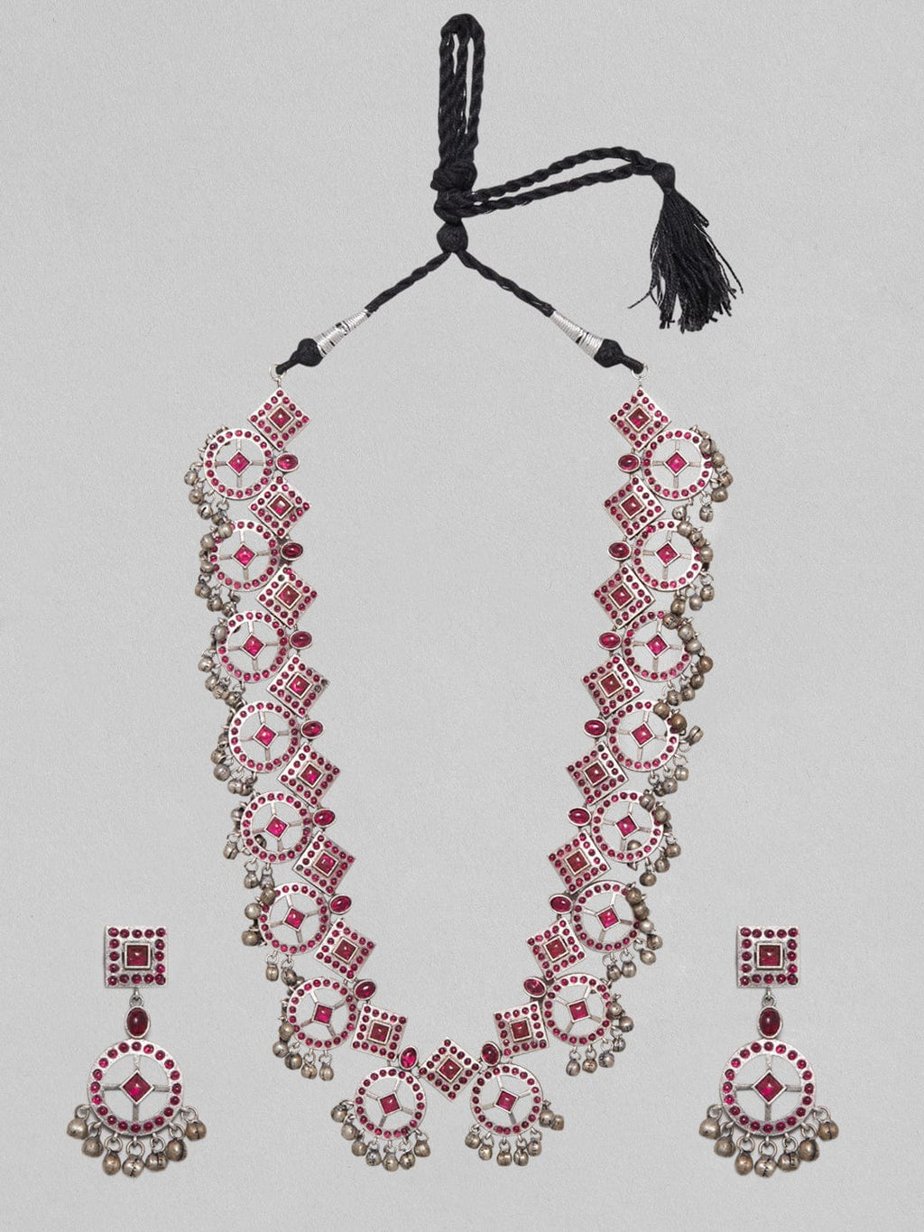 Silver Oxidised Necklace Set With Studded Pink Stones