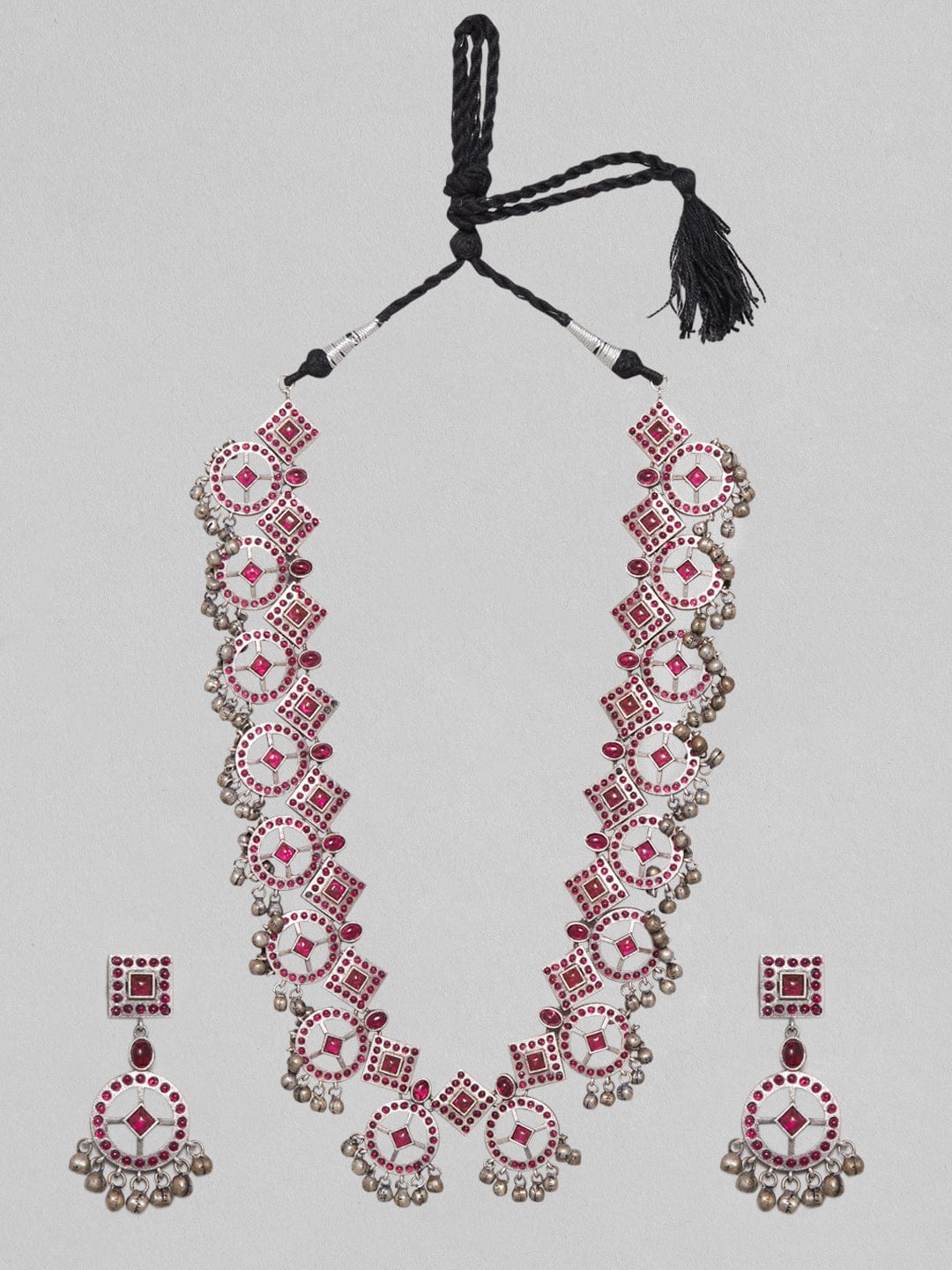 Silver Oxidised Necklace Set With Studded Pink Stones