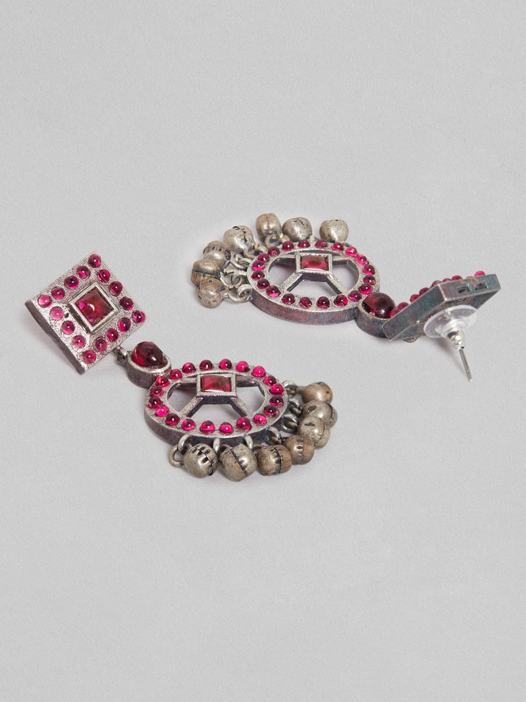 Silver Oxidised Necklace Set With Studded Pink Stones