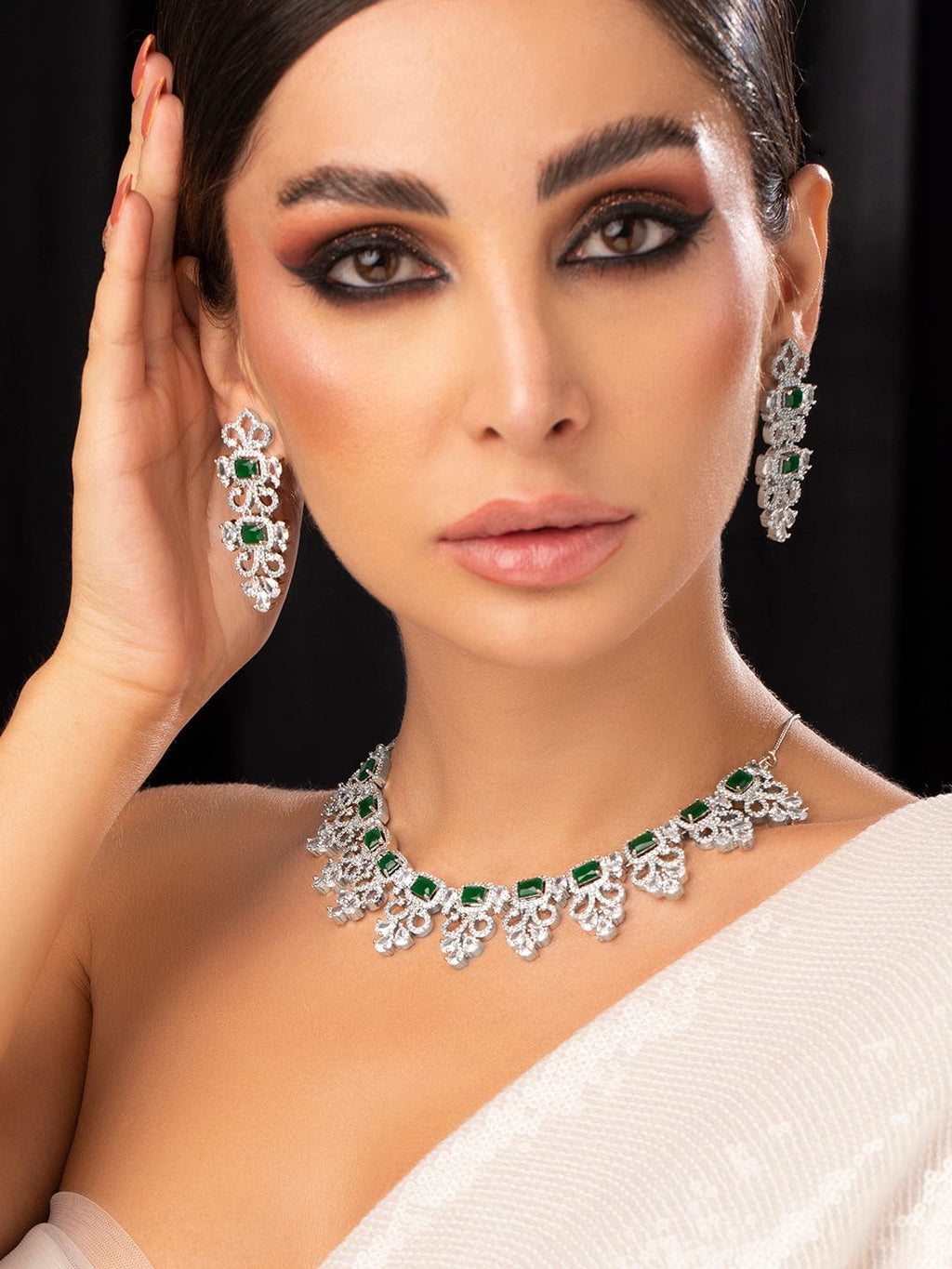 Silver Plated Green Emerald AD Studded Necklace Set