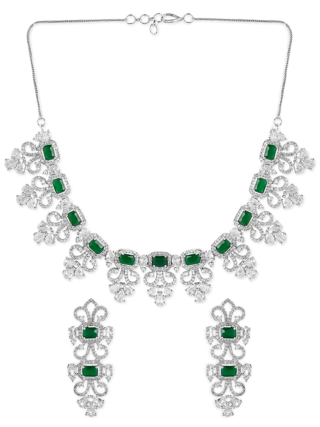 Silver Plated Green Emerald AD Studded Necklace Set