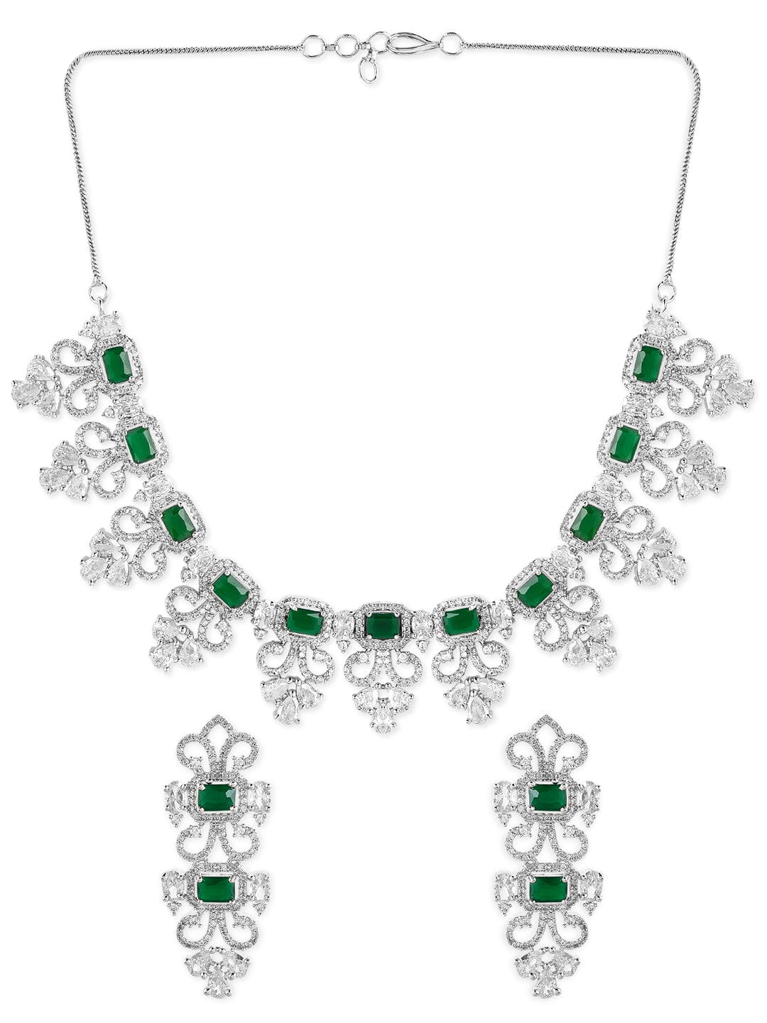 Silver Plated Green Emerald AD Studded Necklace Set
