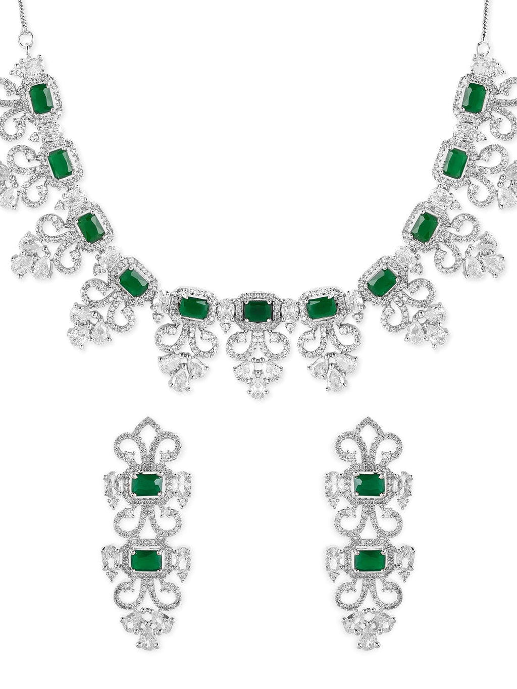 Silver Plated Green Emerald AD Studded Necklace Set