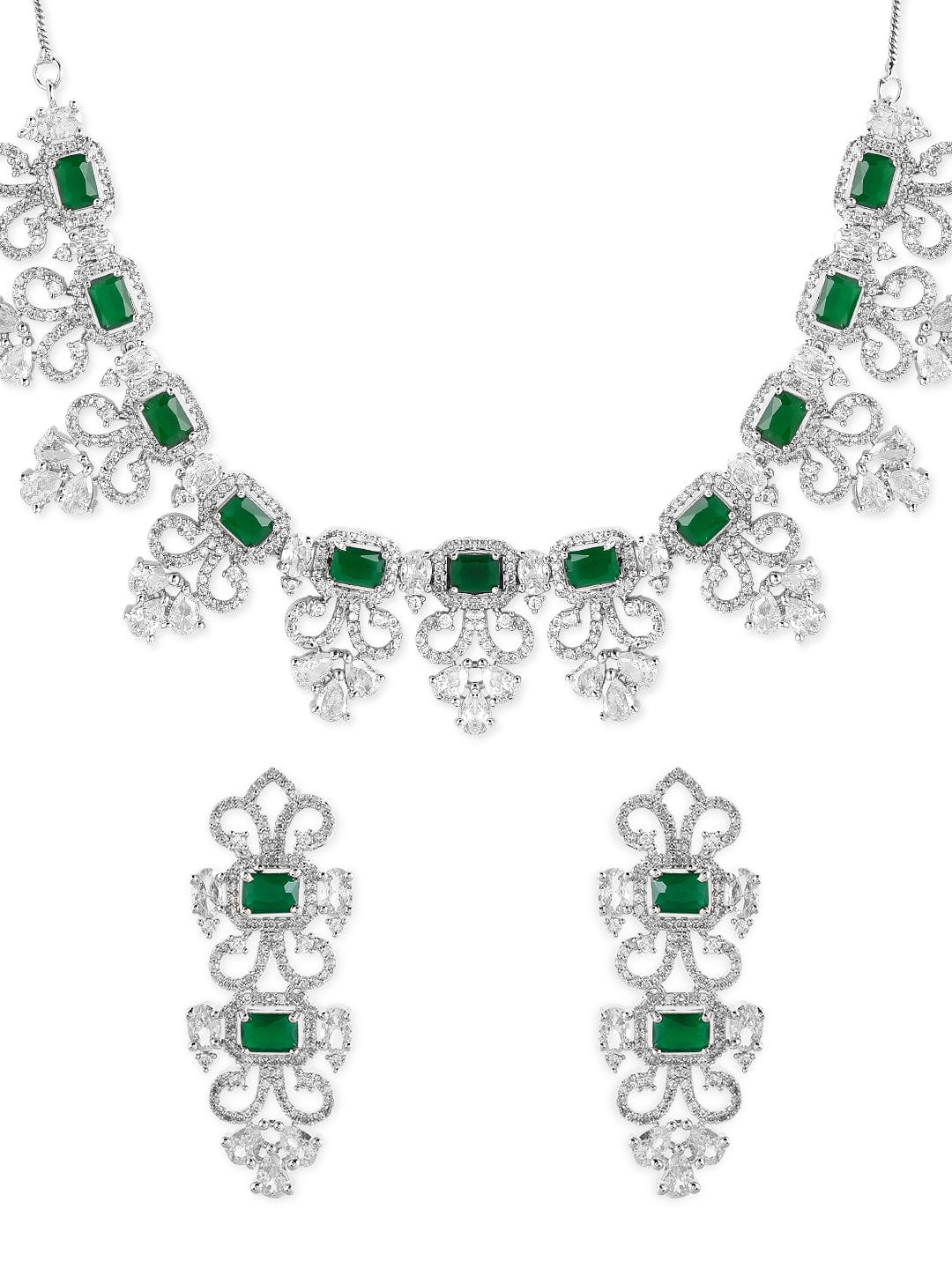 Silver Plated Green Emerald AD Studded Necklace Set