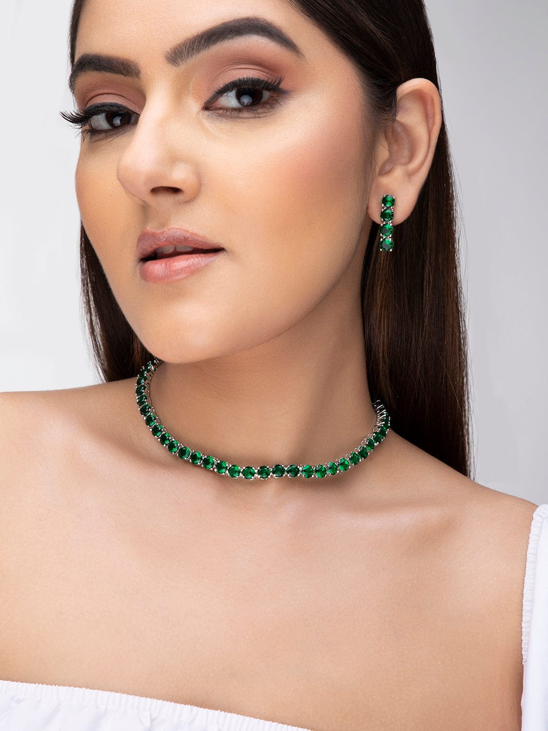 Silver-Plated & Green Stone-Studded Jewellery Set