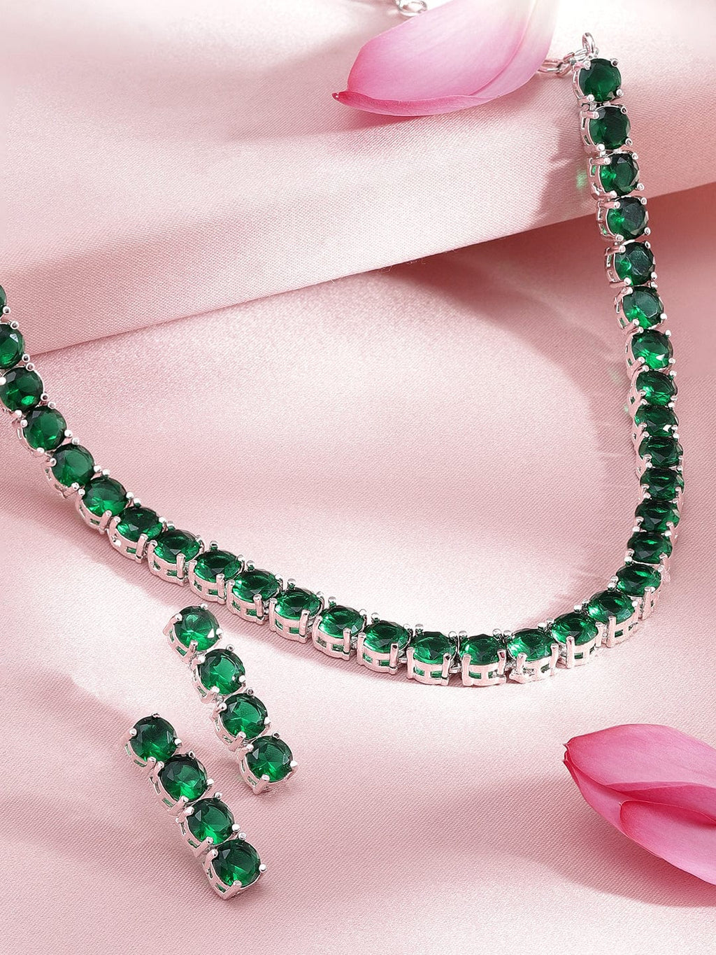 Silver-Plated & Green Stone-Studded Jewellery Set