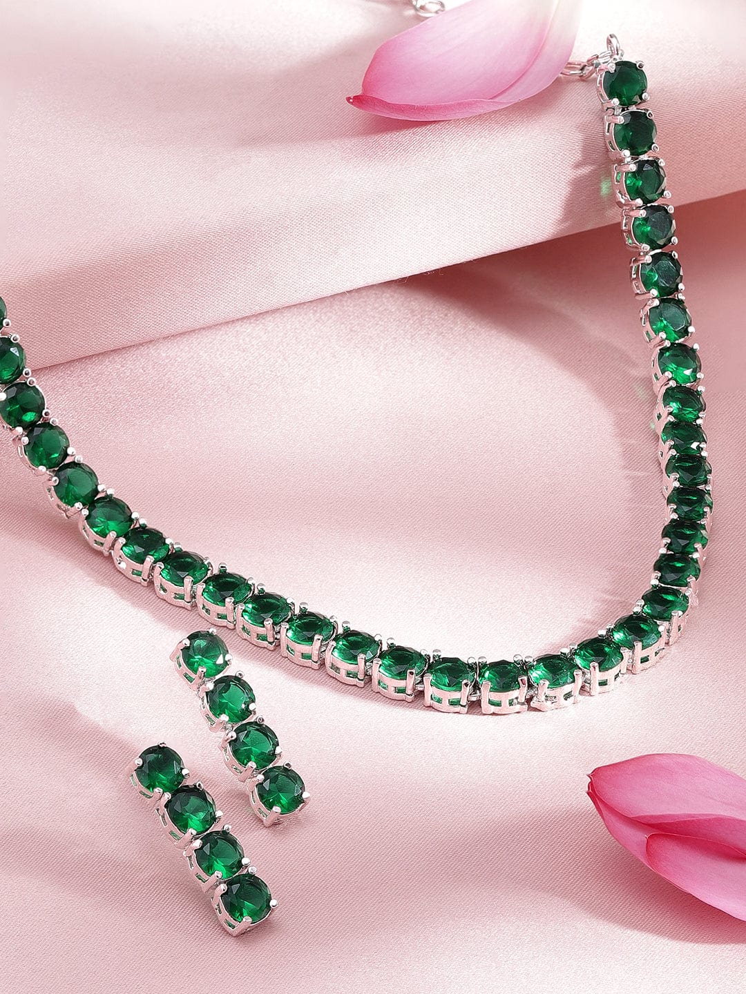 Silver-Plated & Green Stone-Studded Jewellery Set