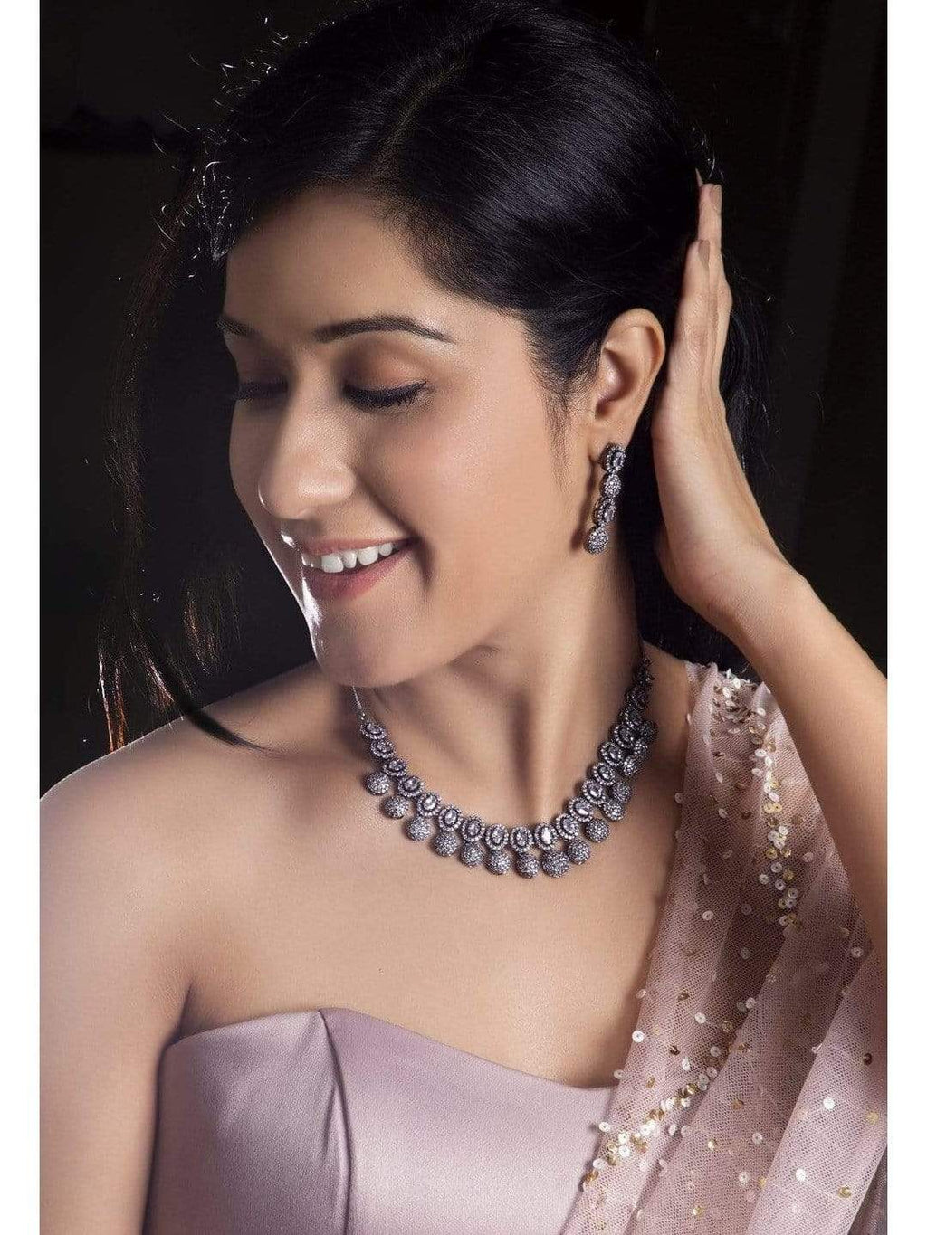 Silver Plated Hand Crafted Enchanting CZ Studded Necklace Set